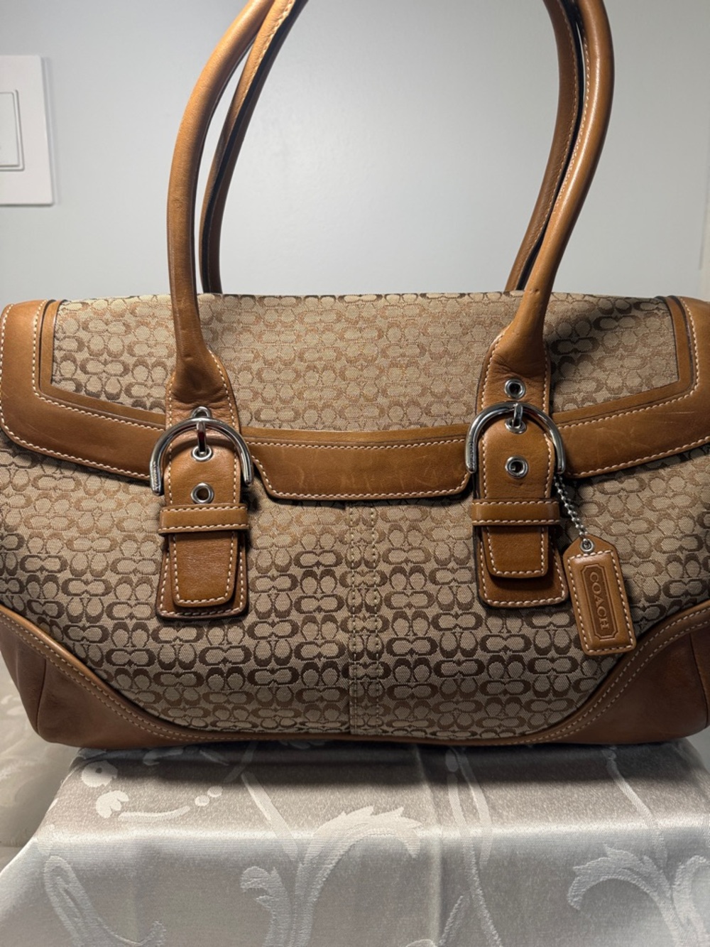 Coach Brown Signature Canvas Shoulder Satchel with Tan Leather Trim - Picture 2 of 13
